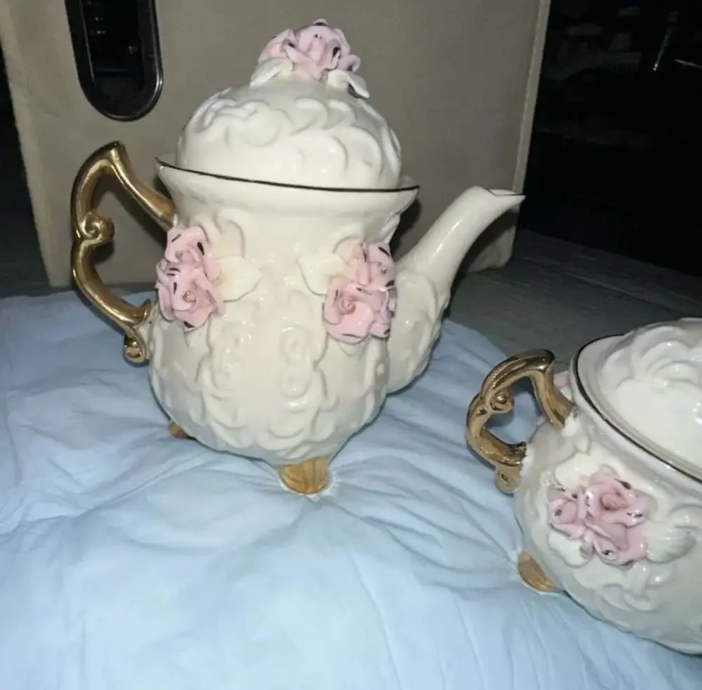 Vintage Cracker Barrel 3-Piece Porcelain Tea Set with Pink Roses and Gold Trim